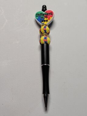 Hand Crafted Black Pen with Colorful Puzzle Heart Accent